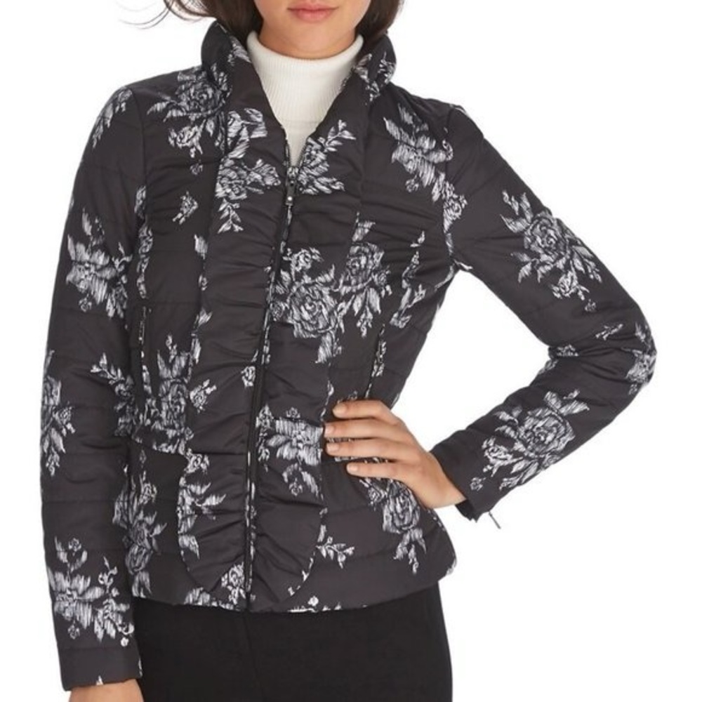 White House Black Market‎ Women’s Black White Floral Quilted Puffer Jacket XL